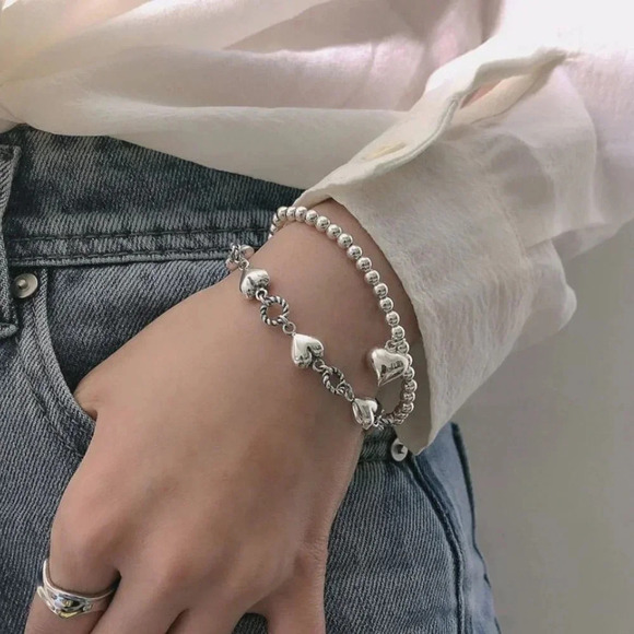 925 Sterling Silver Chunky Heart Bracelet Dangle Heart Link Bracelet - Picture 4 of 6